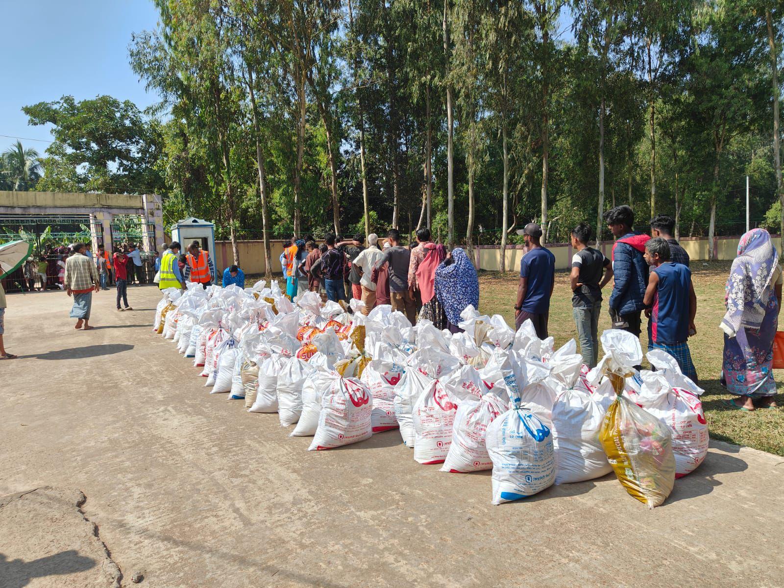 Emergency food and essential supply packages prepared for distribution